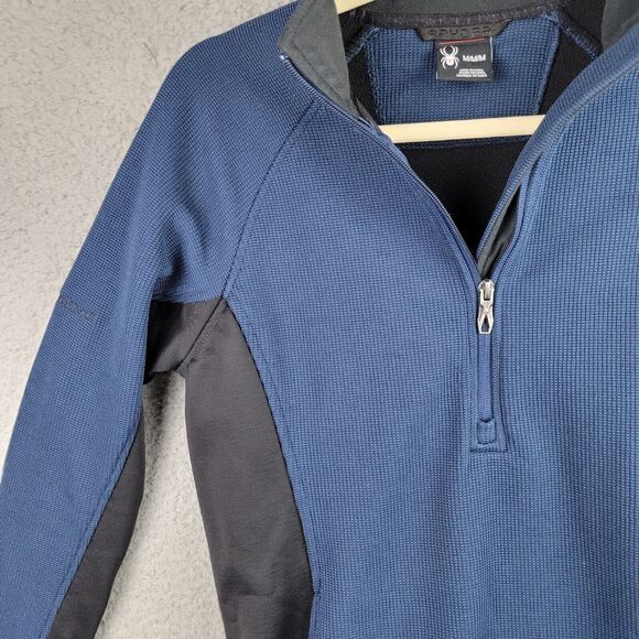 Spyder Waffle Fleece Quarter Zip Pullover Medium Blue Black Athletic Stretch Top - Picture 13 of 16